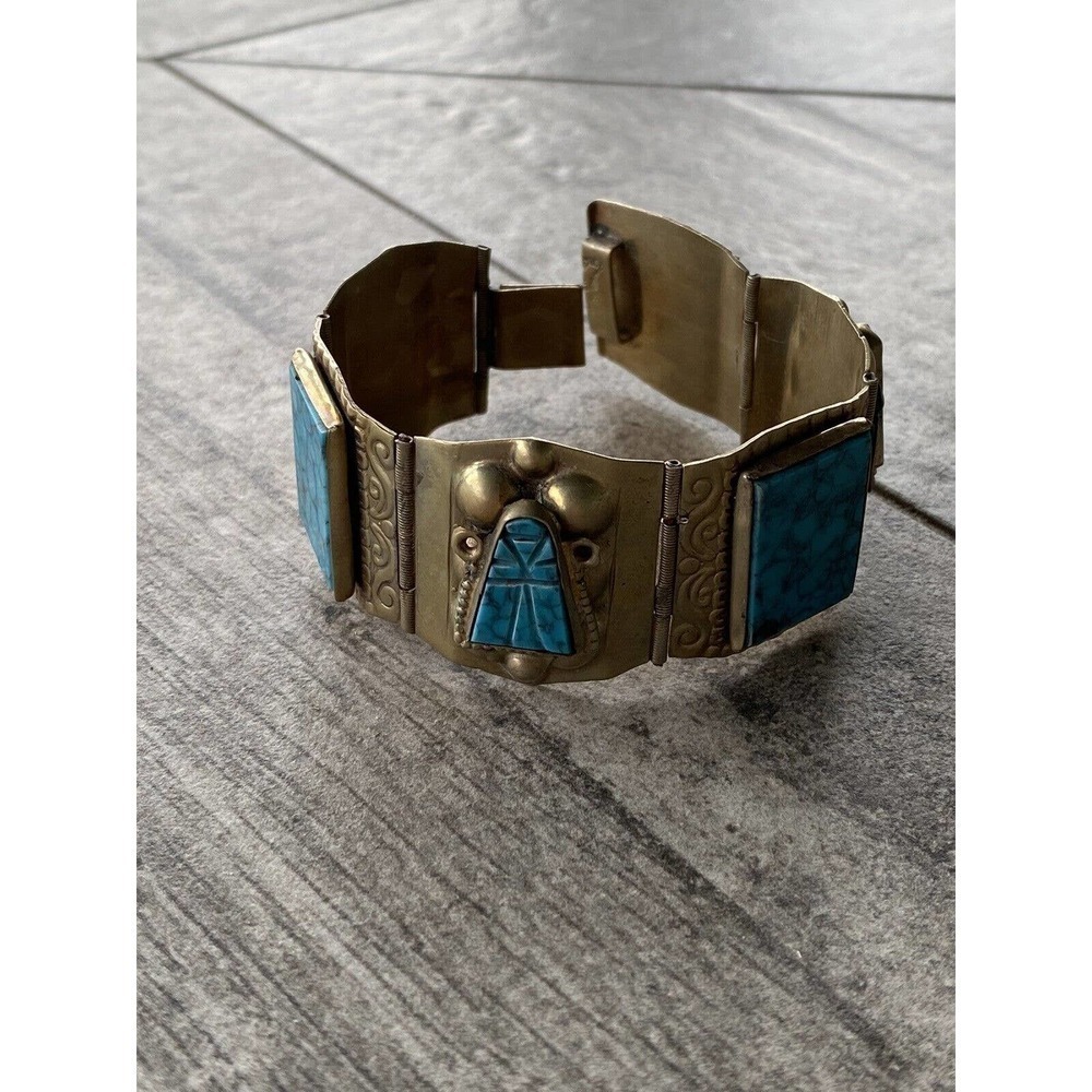 Mexico Bracelet Artisan Vintage Turquoise Like Pottery Inserts Brass 7”